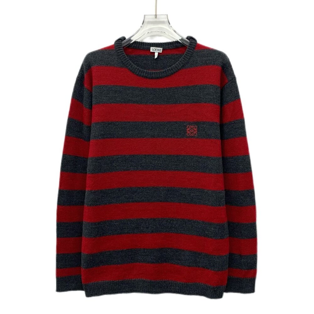 CW0727 Loewe Striped Red & Gray Wool Crewneck Sweater With Embroidered Logo